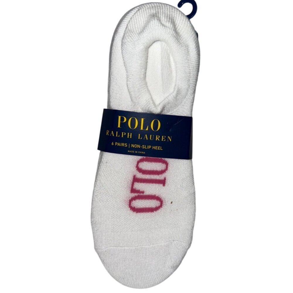 Polo Ralph Lauren No Show Non-Slip Socks 6 Pair White Color Logo Size 9 - 11 NEW